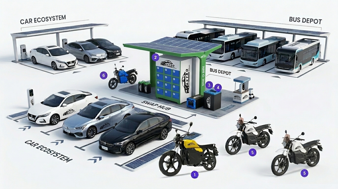 Axtro integrated EV ecosystem with swap hub, solar canopies and fleet depots