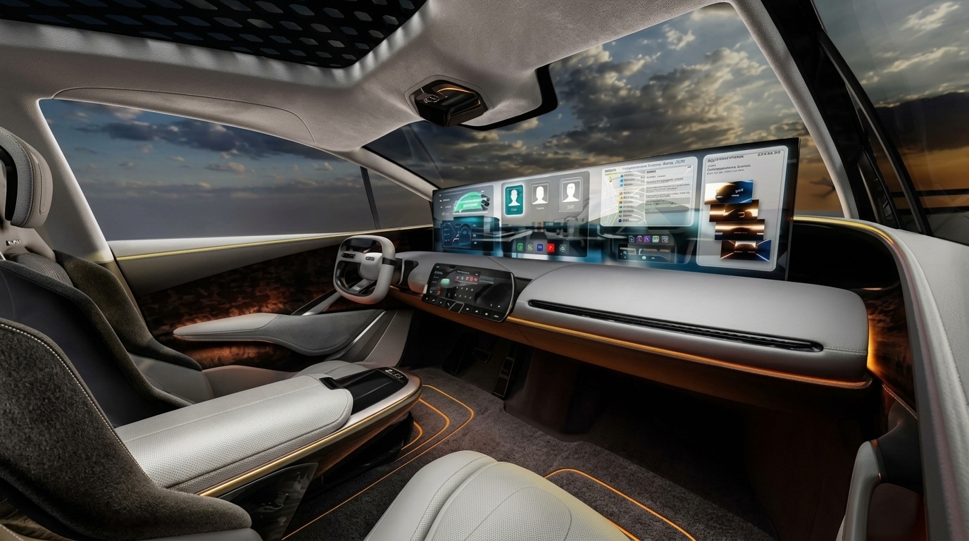 Commercial EV cabin with wide digital display and passenger seating