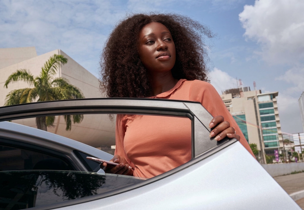 Passenger stepping out of an electric ride in central Accra